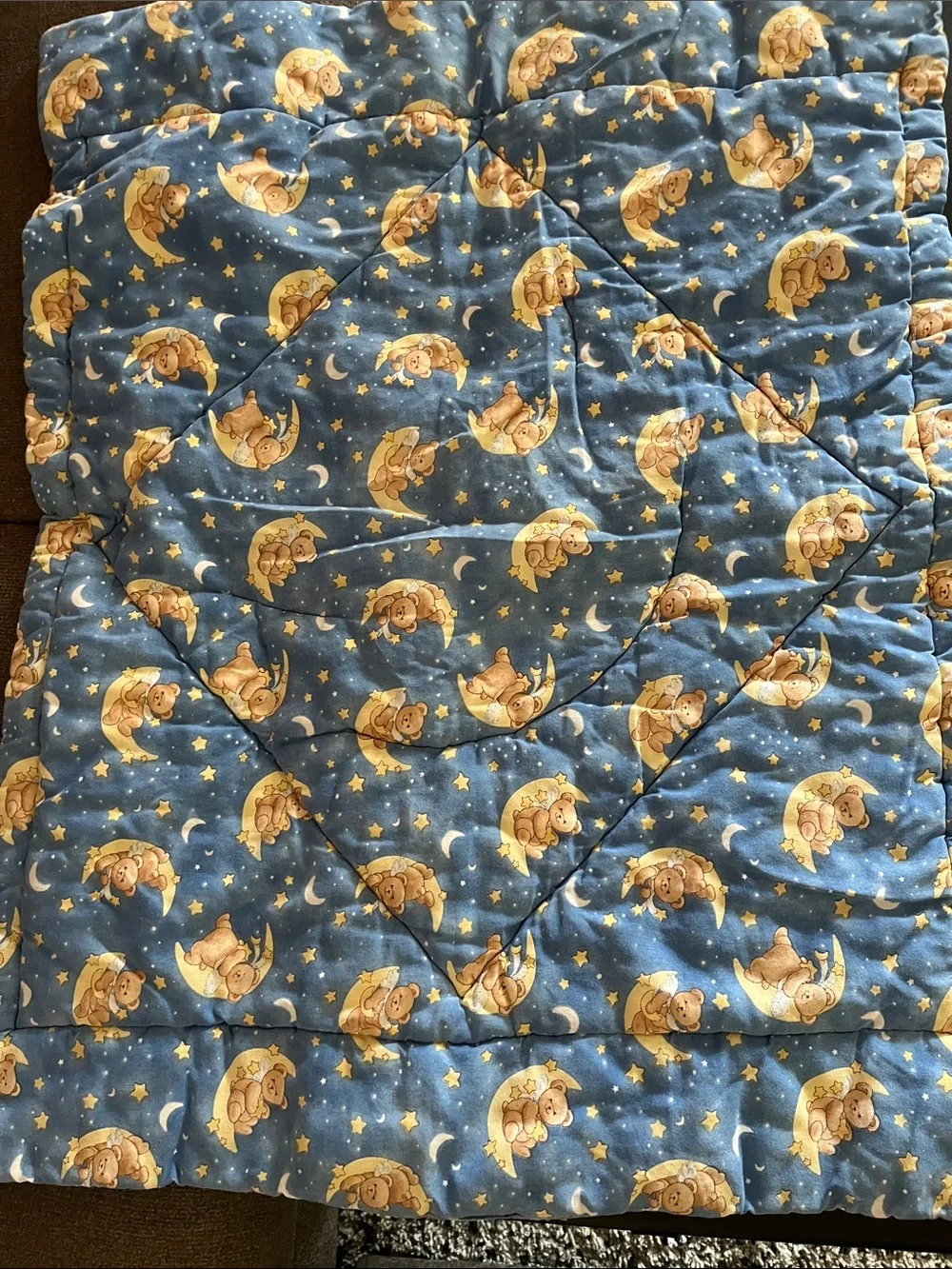 90’s Celestial Angel Teddy Bear Moon and Stars Baby Quilt - Blue and Yellow